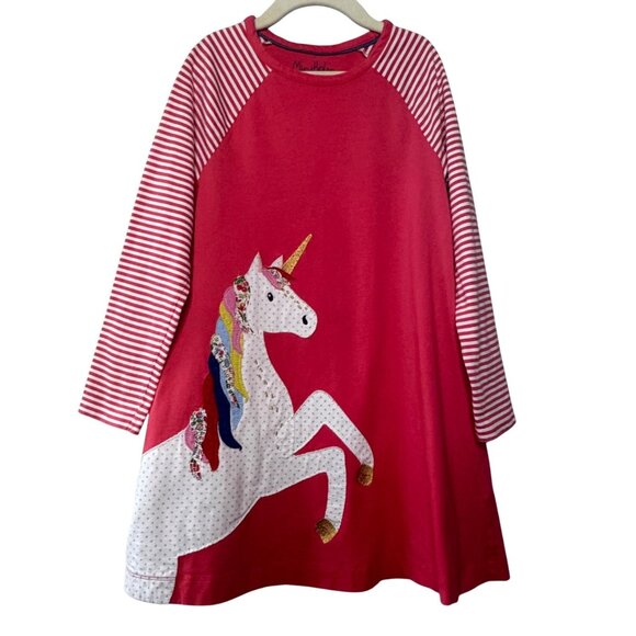 MINI BODEN Unicorn Applique Dress Girls 7-8 128cm Red Stripes Cotton Tunic Girl - Picture 1 of 7